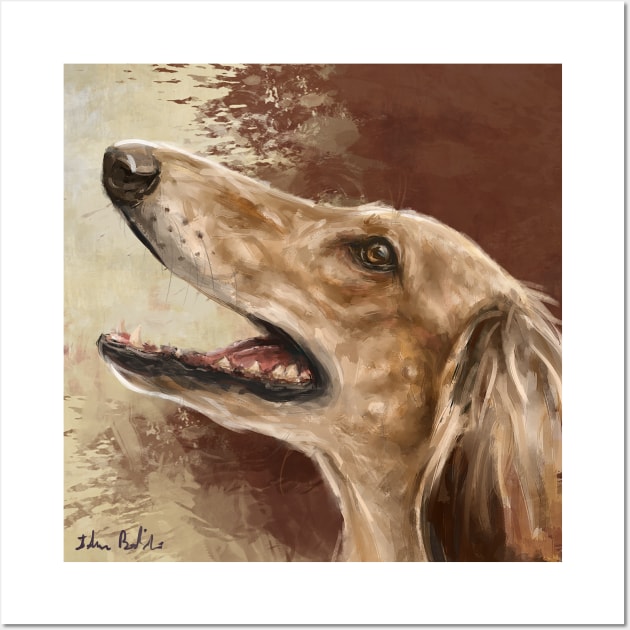 Painting of a Saluki Dog From the Side Smiling on Brown Beige Background Wall Art by ibadishi